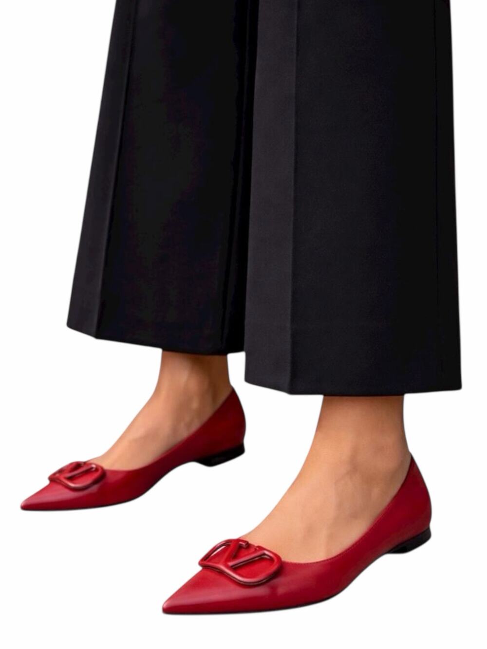 Valentino Garavani Vlogo Pointed Toe Nappa Leather Flats Red Size 36